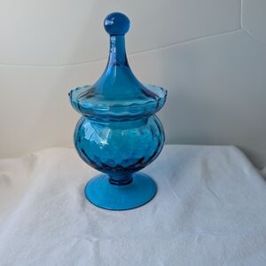 Empoli Apothecary Optic Blue Glass Circus Tent Lid Candy Dish Jar Vintage